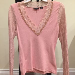 PINK SWEATER WITH LACE ARMS INTRICATE BEADING